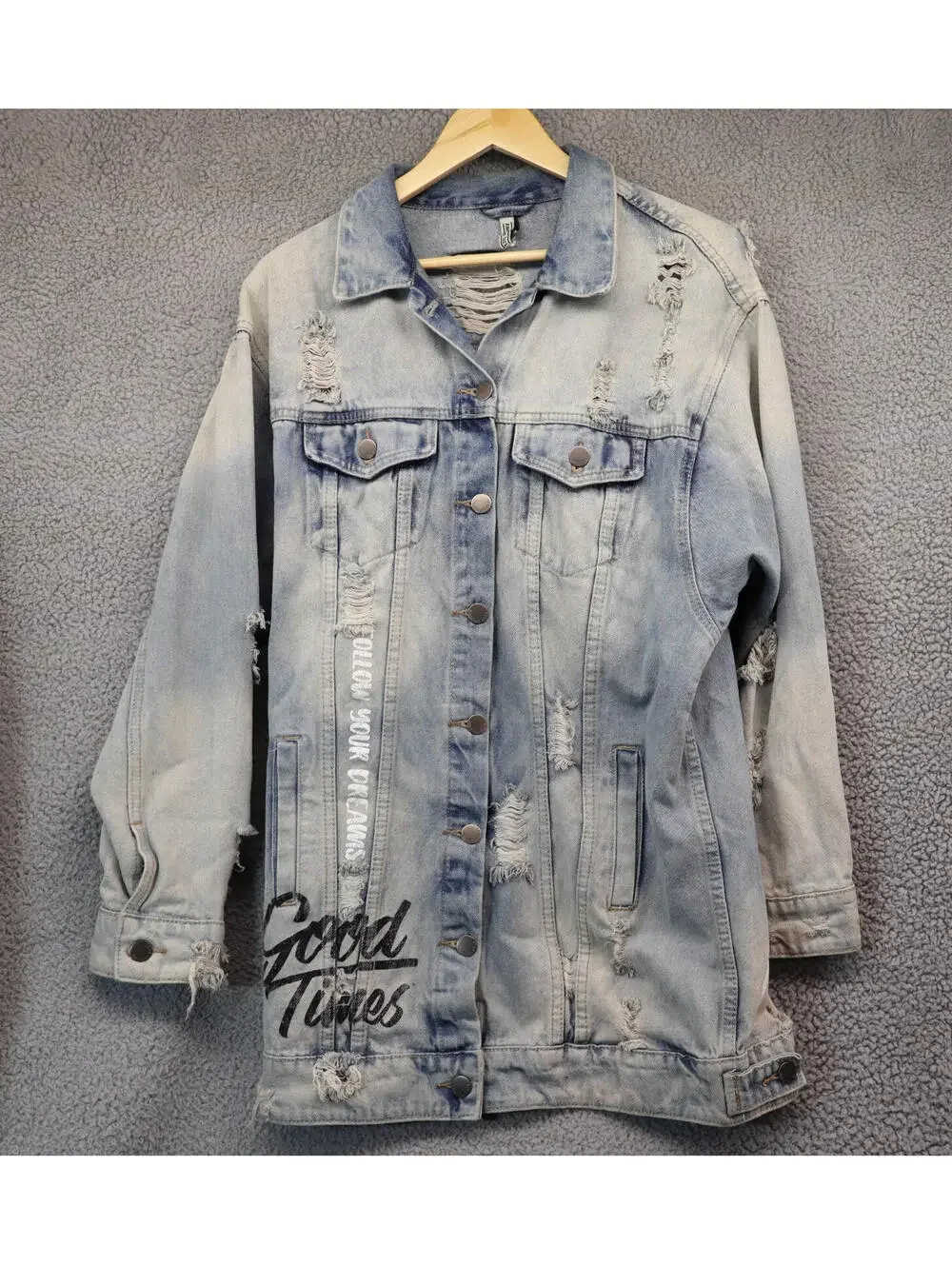 Jean Jacket Long Womens Large American Bazi Distressed Denim - Picture 2 of 11